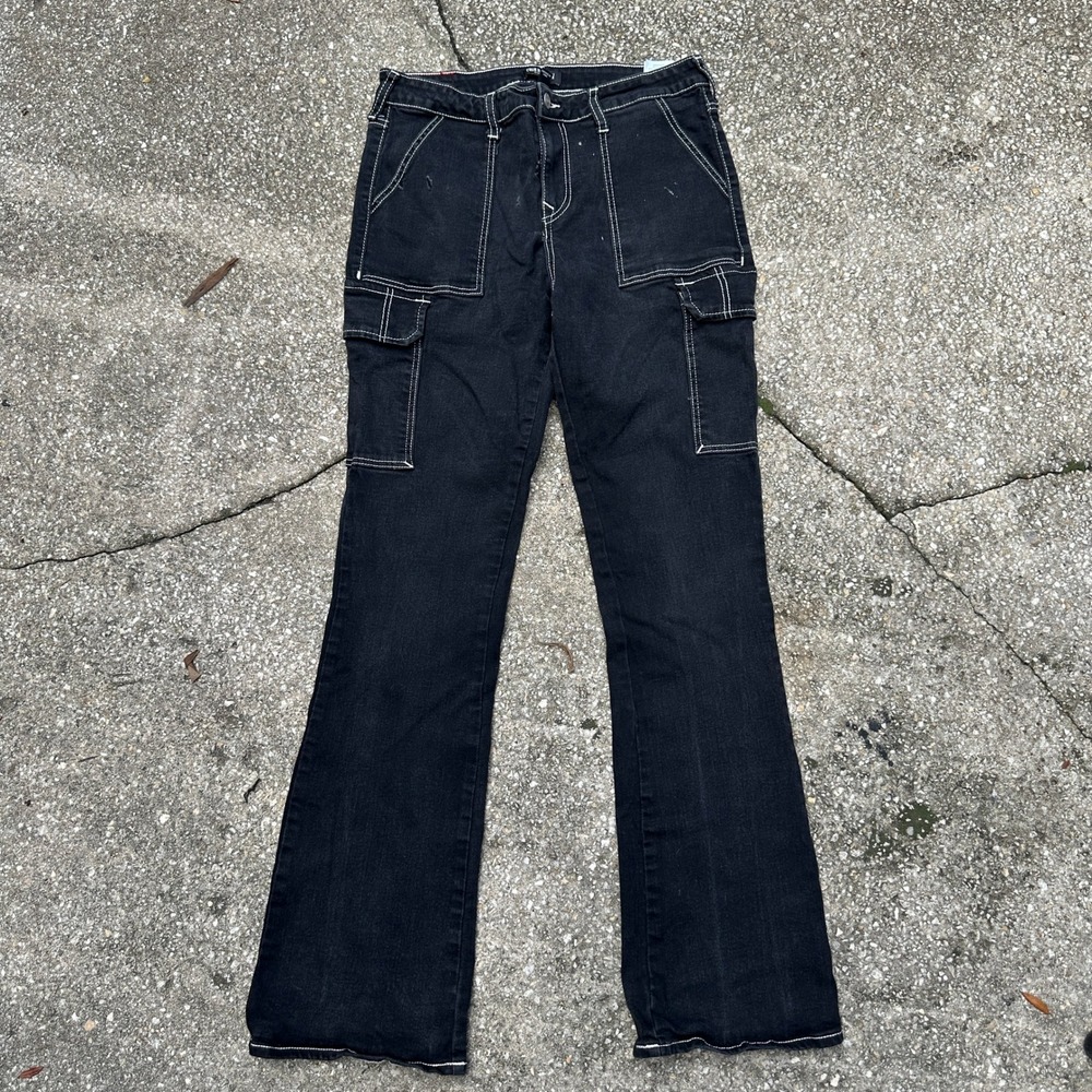 True Religion Mens Washed Black White Contrast Stitch Cargo Flare Jeans Size 32